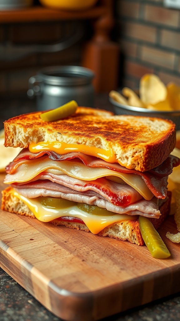A deliciously pressed Cubano sandwich filled with pork, ham, and Swiss cheese on a wooden board with potato chips.